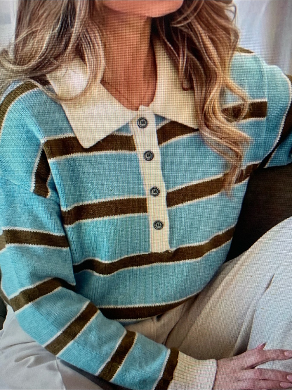 Striped Polo Collar Sweater in Light Blue and Olive